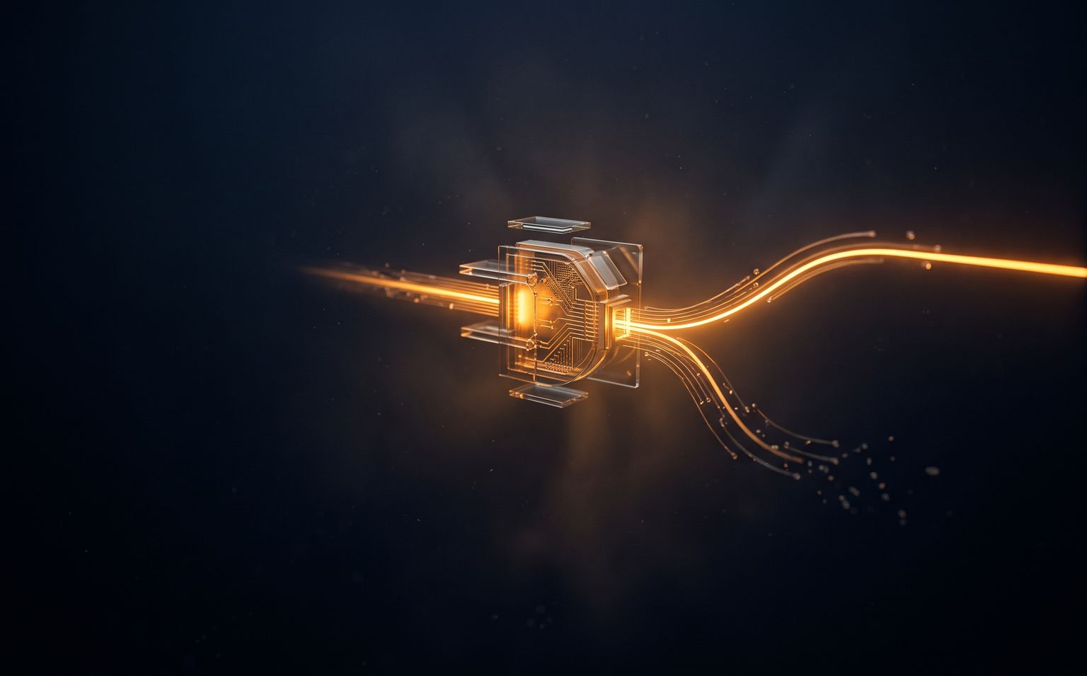 A glowing amber logic gate splitting a beam of light into branching paths