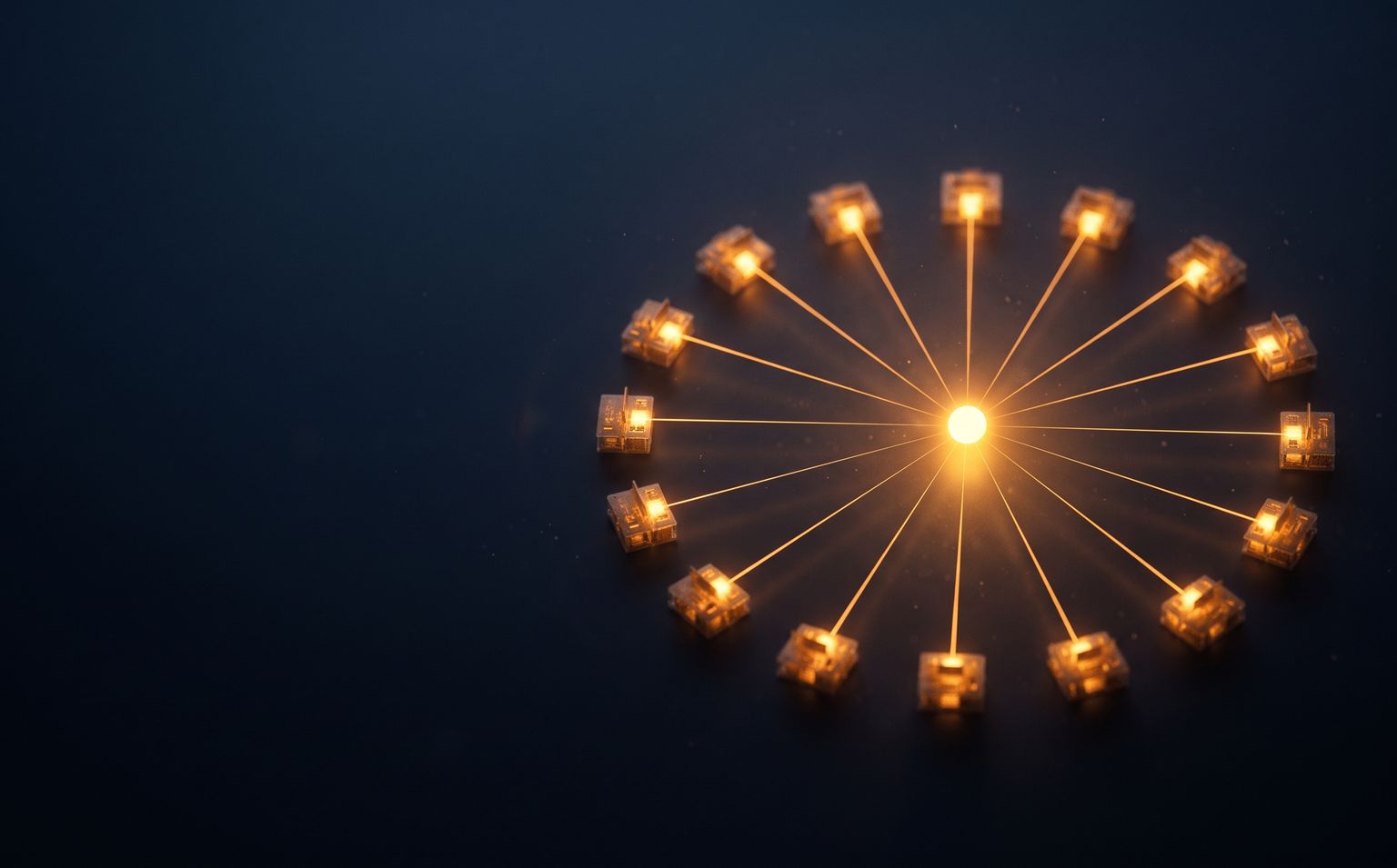 Sixteen glowing workstations in a circle, beaming into one shared point of light