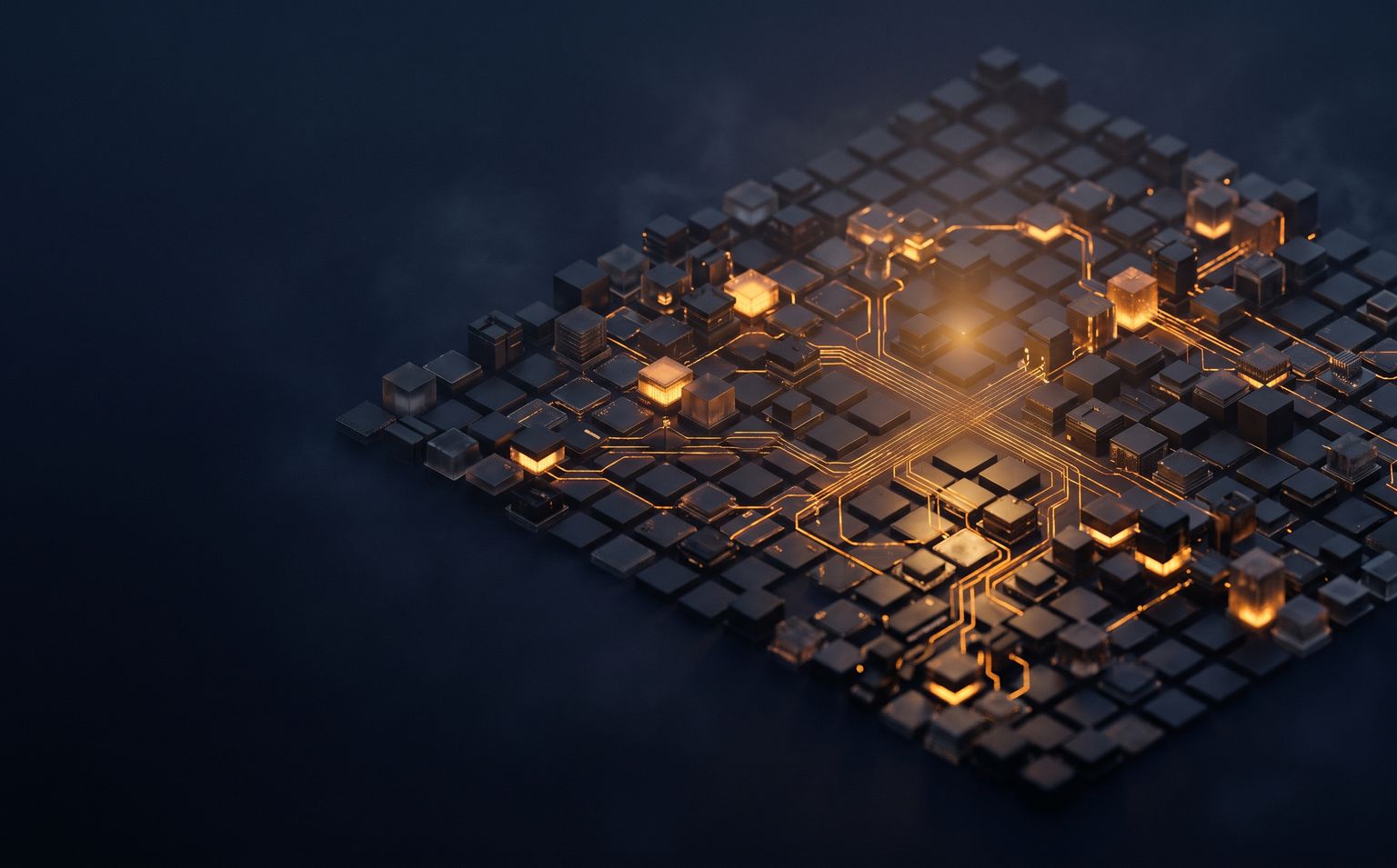 An isometric grid of modular blocks with amber connections lighting up between them