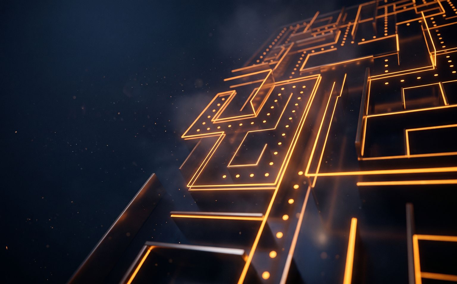 A dark arcade maze outlined in glowing amber neon with dots receding into the distance