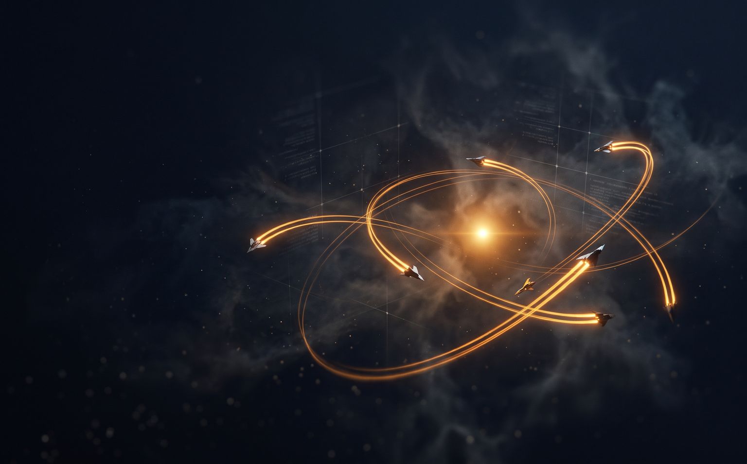 Small ships with amber engine trails dueling through a dark nebula