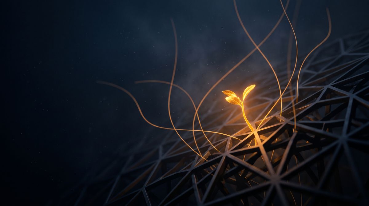 A seedling of amber light growing out of a dark geometric lattice