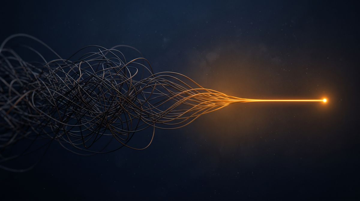 A tangle of wires resolving into one clean amber line