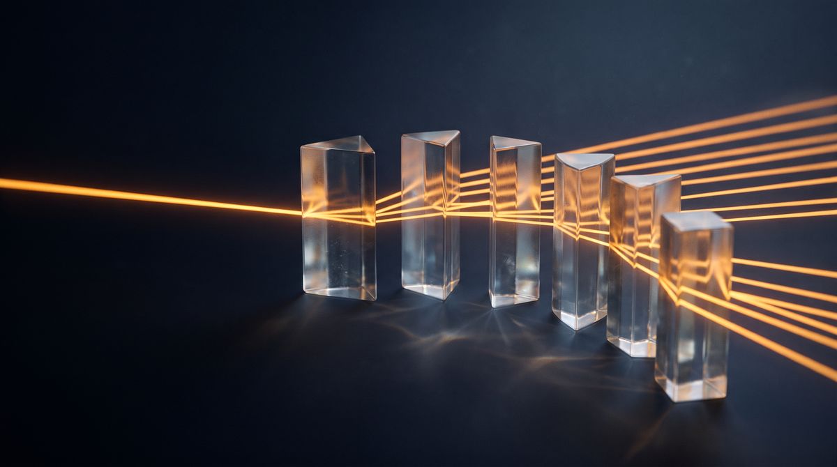 One beam of light passing through seven glass prisms and exiting identically