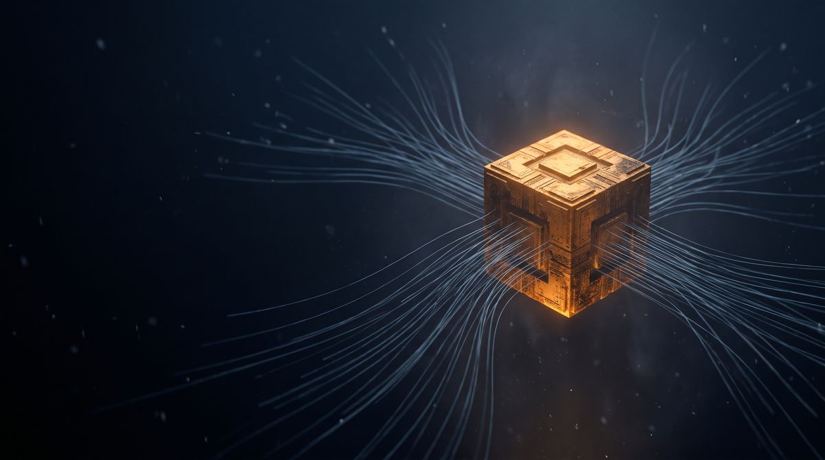 Scattered streams of light converging into a single solid amber block