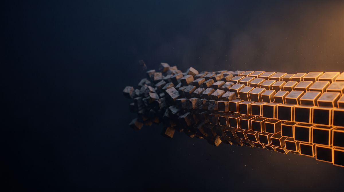 Scattered stone blocks reassembling into a precise, glowing modular lattice