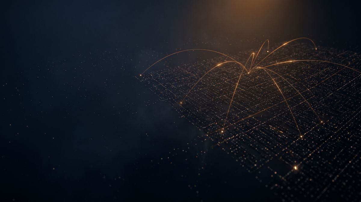 Amber arcs connecting matching points across a vast grid of lights